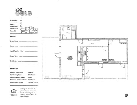 A drawing of a floor plan for a property at 260 shows a bedroom, bathroom, and kitchen.